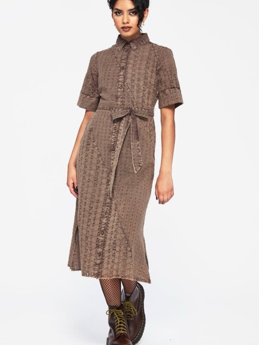 Disturbia Taupe Brown Eyelet Midi Shirt Dress with Tie Waist - Picture 4 of 5
